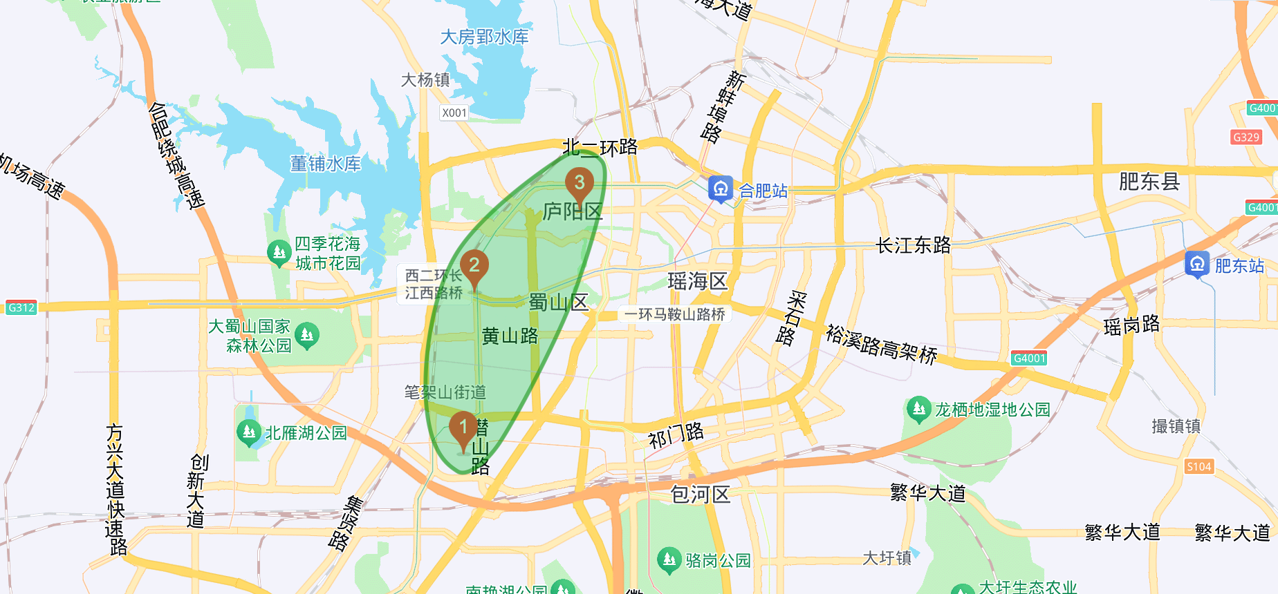 合肥市区地图，标注春雨树政务置地、蜀山天玥和庐阳财富广场三个校区的位置